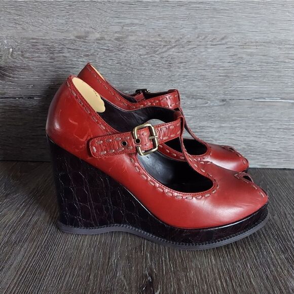 Red Linea Paolo Wedge Peep Toe Mary Janes Size 8 - Picture 2 of 7